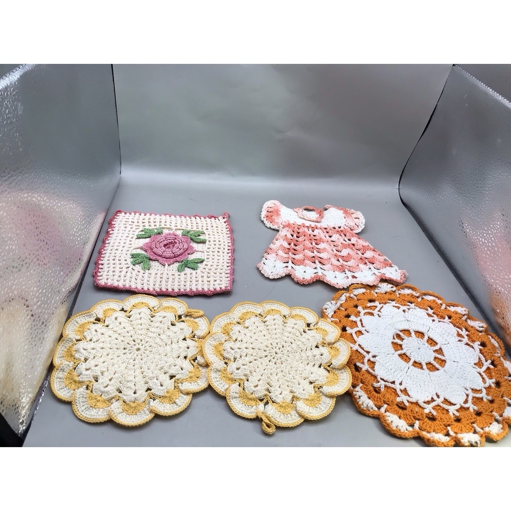 5 Crocheted Trivets Orange One Is Slightly Stained‎ 5" 7" 5.5"
